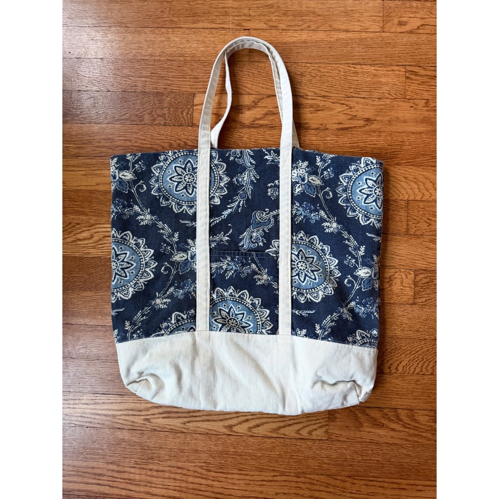 Boho Navy Paisley Mandala Canvas Tote Bag Large Floral Shoulder Bag Cream Trim - Picture 2 of 4